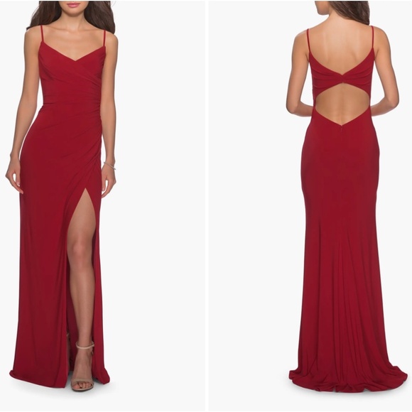 La Femme Long Jersey Dres with V-neck and Open Back - Picture 1 of 1
